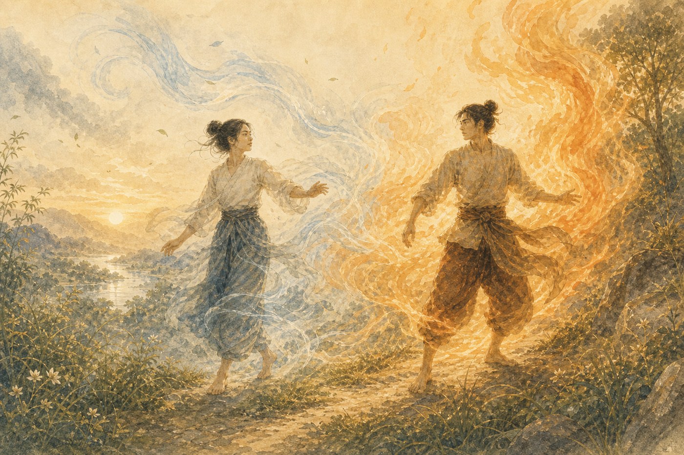 Original Plearnprai watercolour for Chapter 10 — Wind and Fire