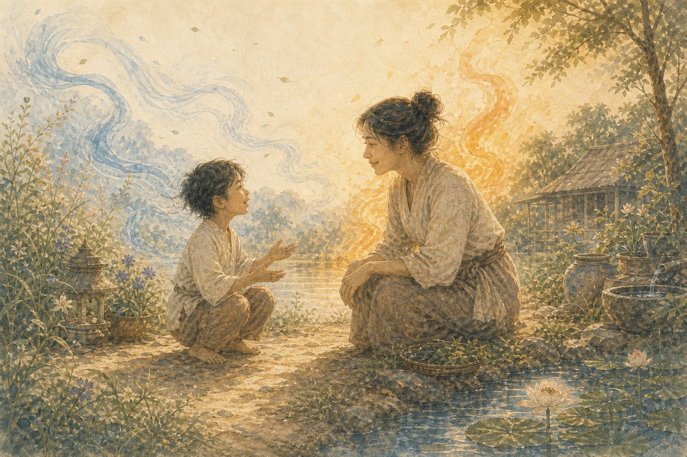 Original Plearnprai watercolour for Chapter 15 — Parents and Children