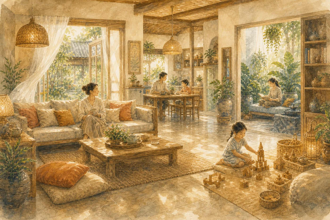Original Plearnprai watercolour for 8 · Living Rooms and Shared Spaces