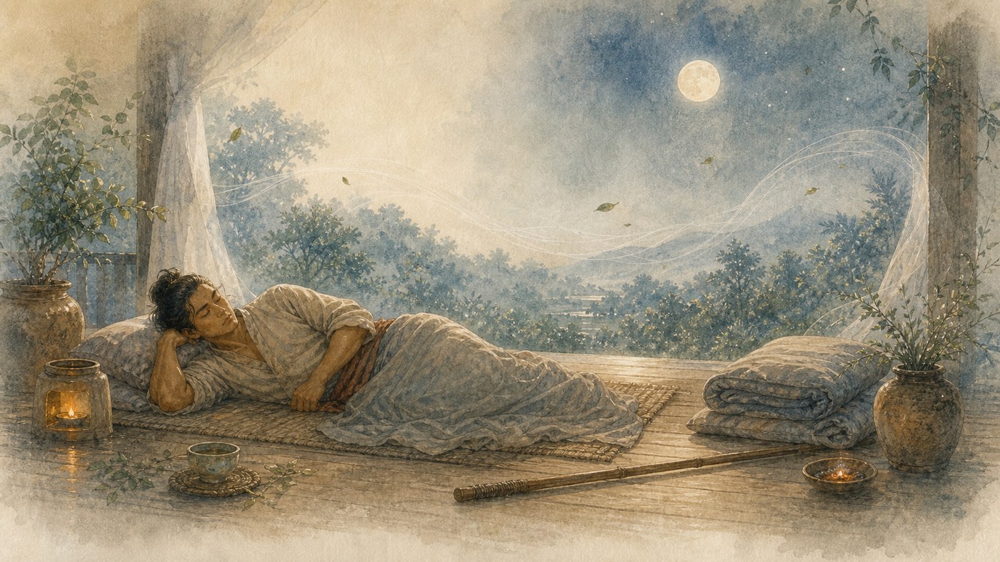 12 · Rest and Sleep — original Plearnprai watercolour illustration