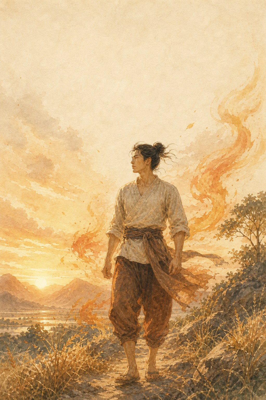 Gentle watercolour of a person walking through a landscape in a warm, sunlit landscape