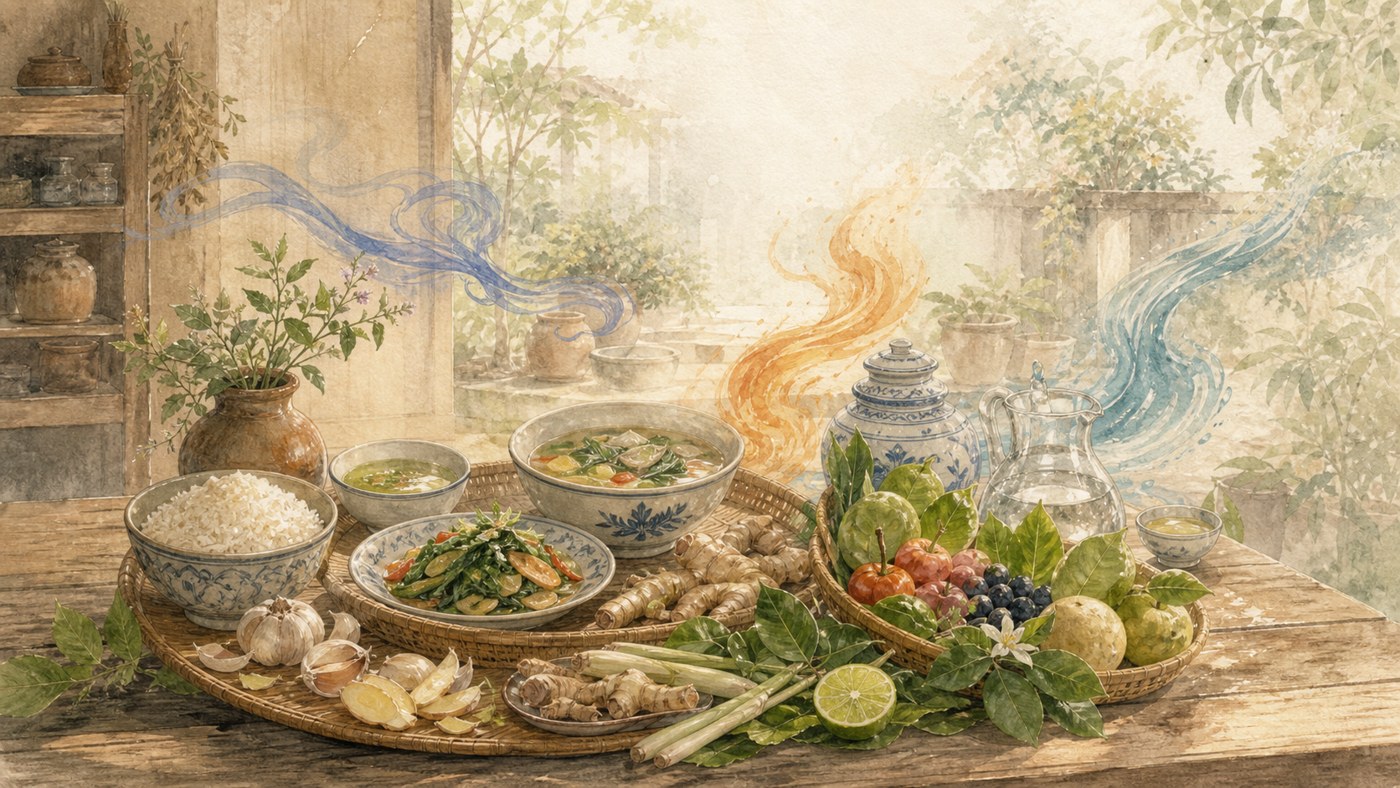 Original Plearnprai watercolour for Introduction — Food by the Elements