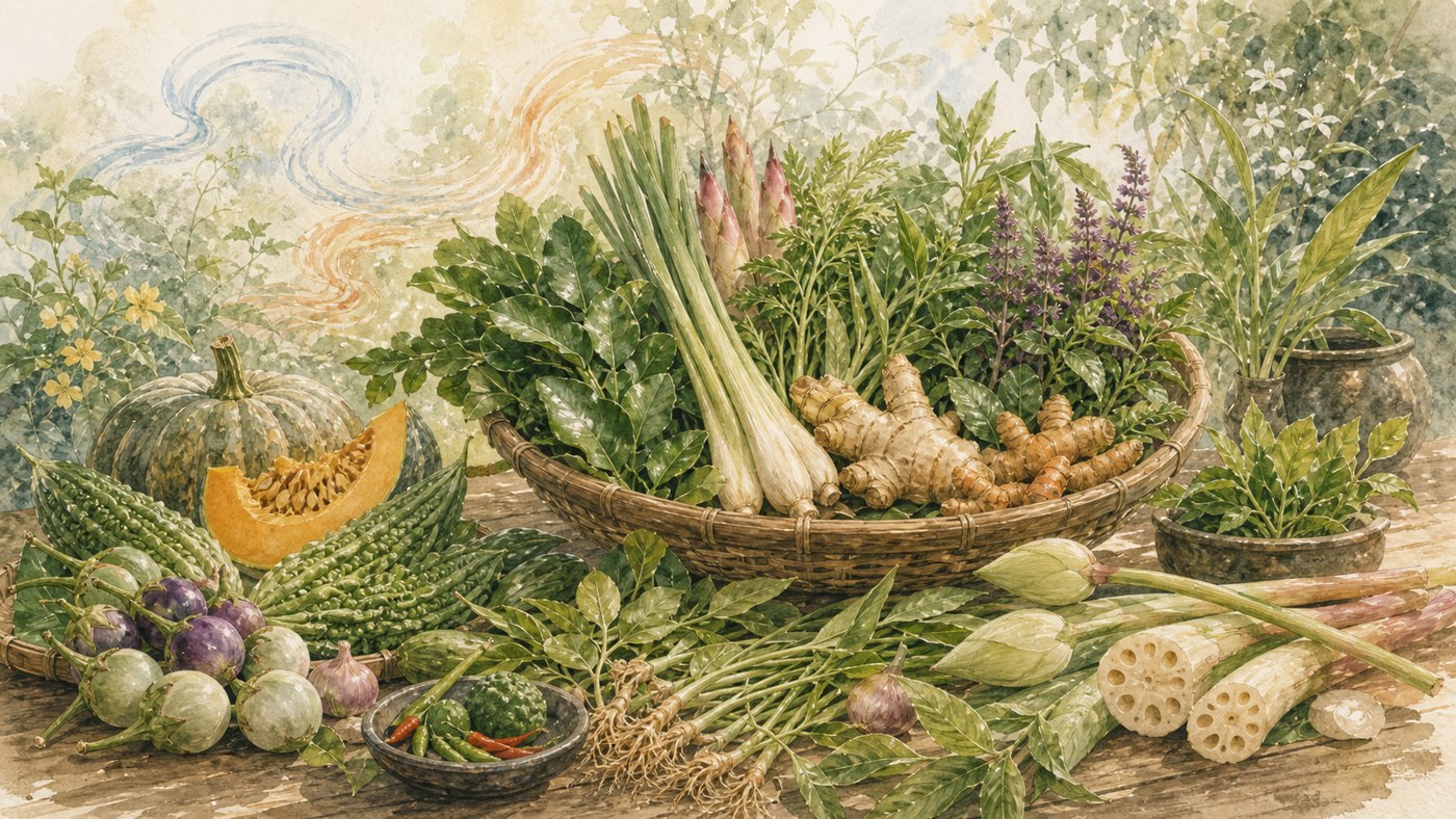 Original Plearnprai watercolour for 8 · Thai Vegetables and Culinary Herbs