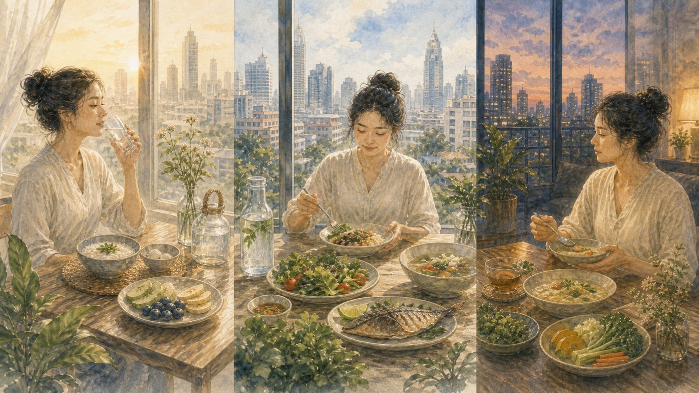 Original Plearnprai watercolour for 16 · Meal Timing and Contemporary Life