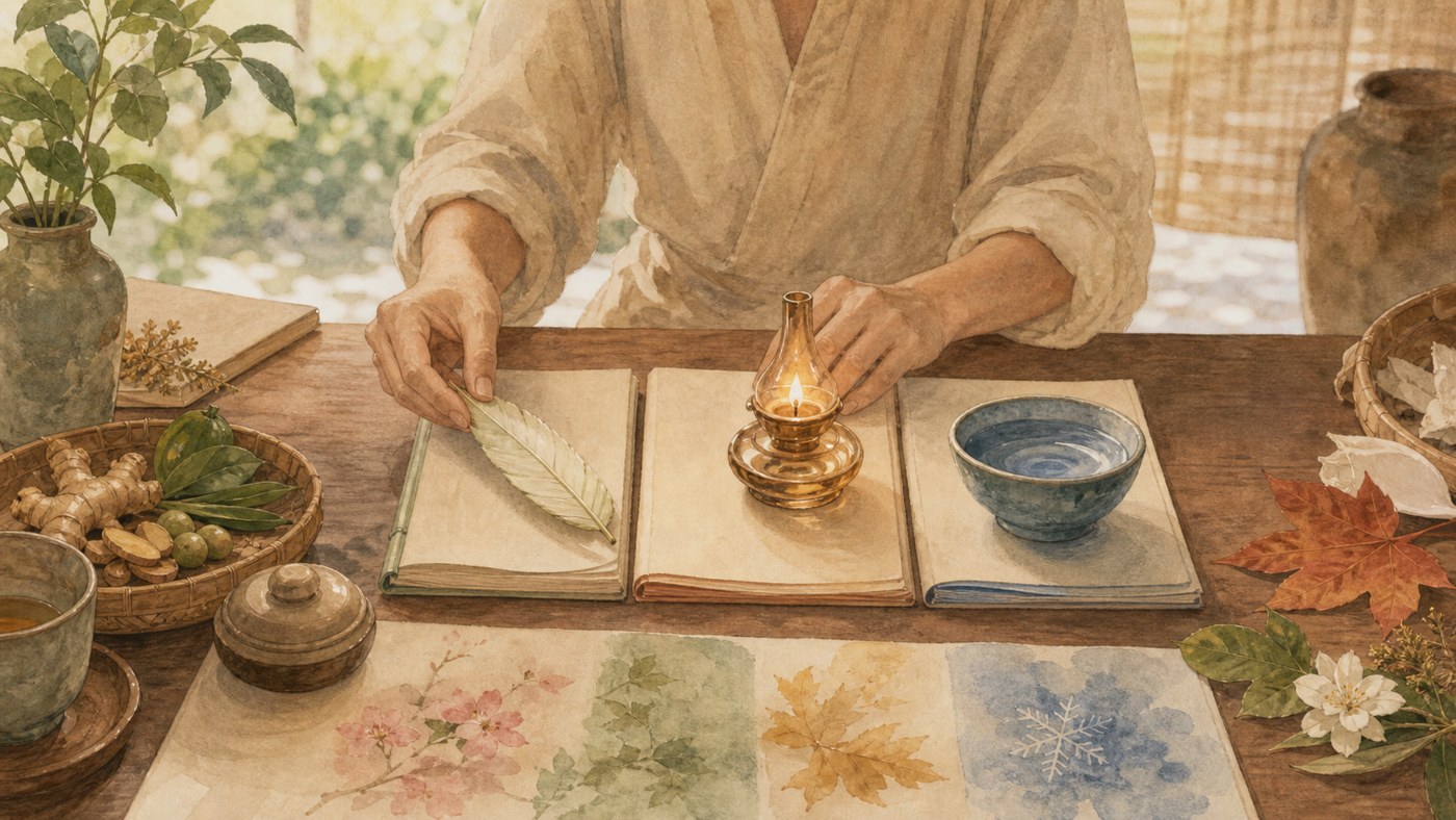 Original Plearnprai watercolour for Chapter 7 — Using the Three Books Together