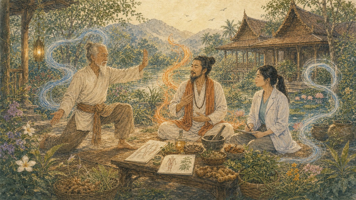 Original Plearnprai watercolour for Chapter 2 — Movement Through Three Traditions