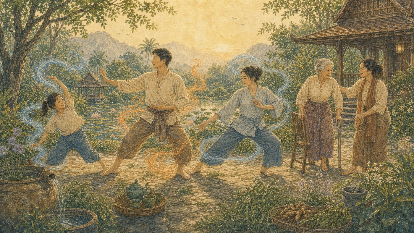 Original Plearnprai watercolour for Chapter 11 — Movement Across the Life Course