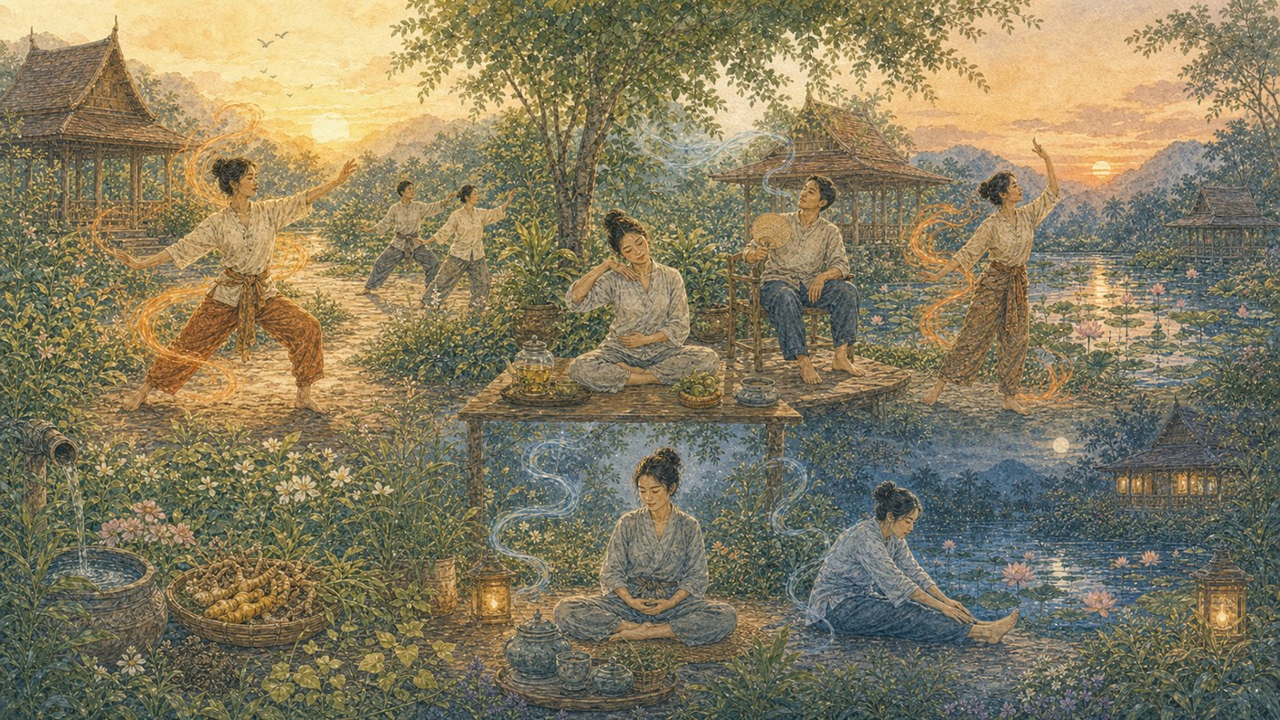 Original Plearnprai watercolour for Chapter 12 — Moving with the Seasons and the Day
