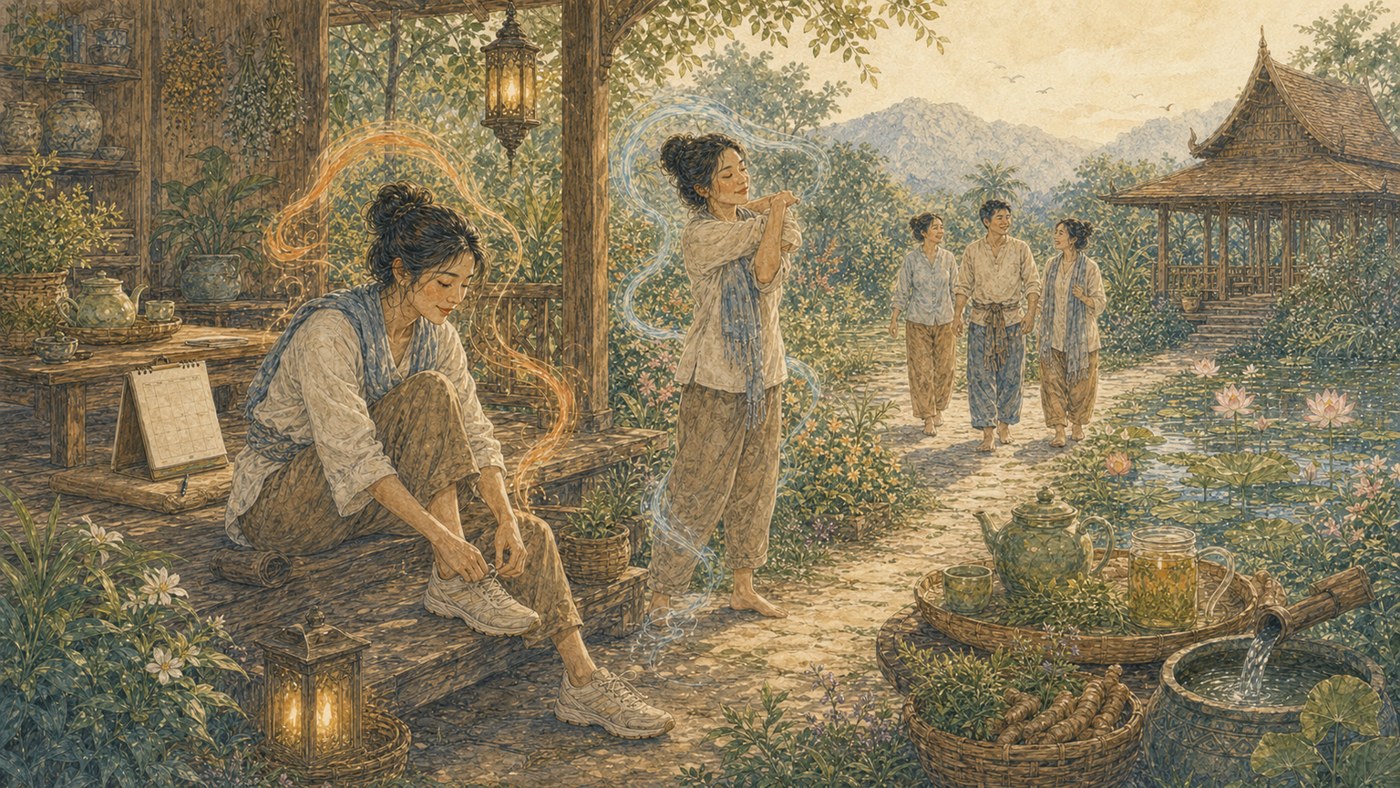 Original Plearnprai watercolour for Chapter 15 — Movement as a Way of Life