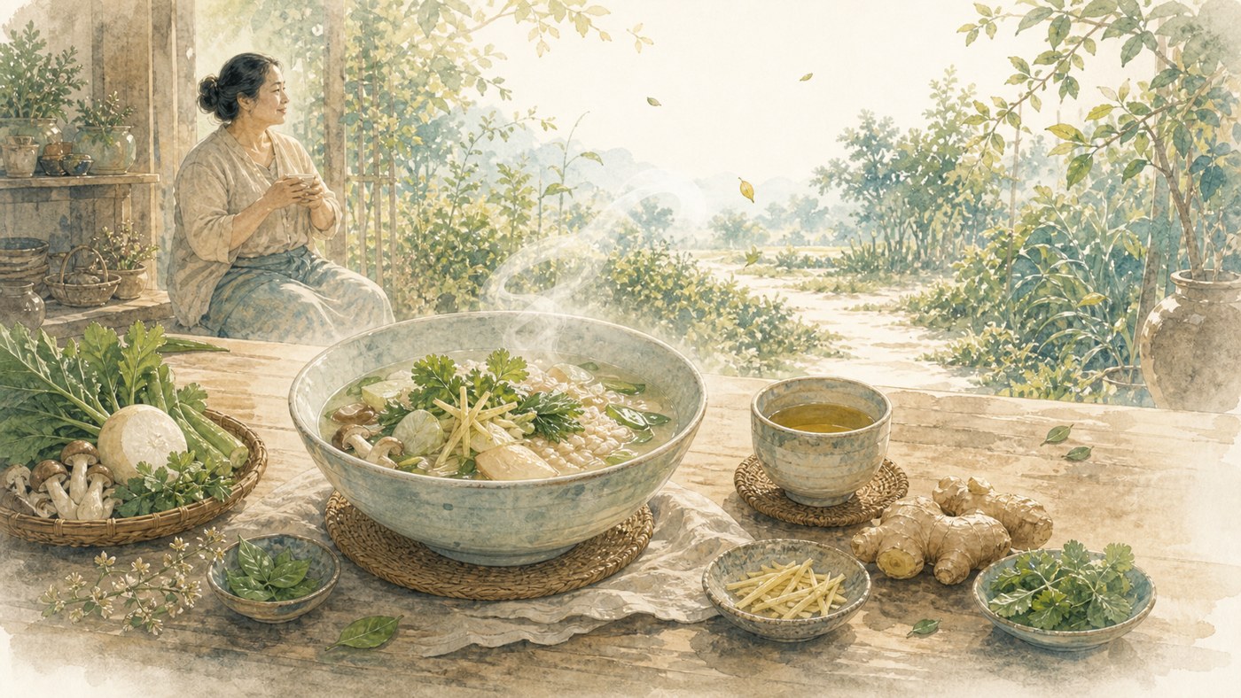 Original Plearnprai watercolour for Chapter 10 — Food That Supports Us